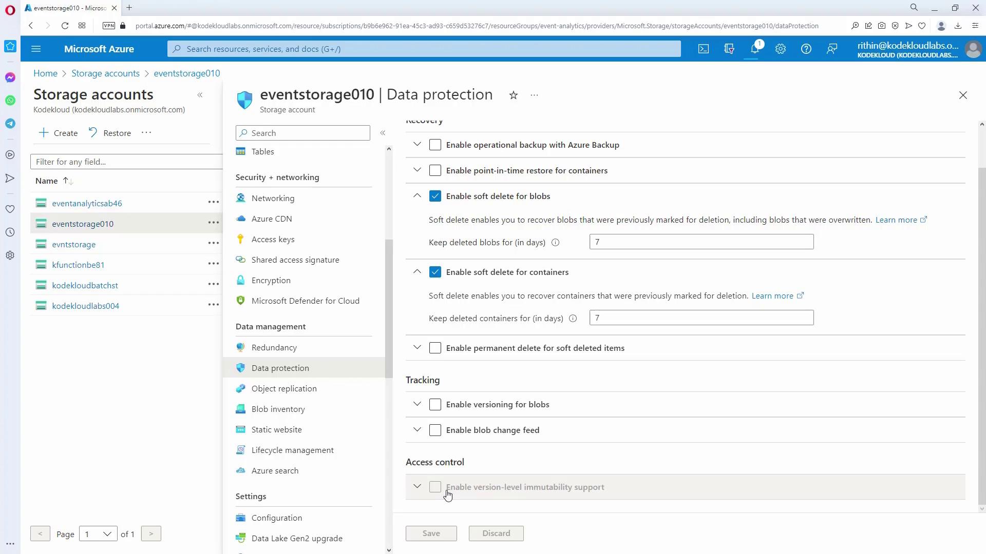 The image shows a Microsoft Azure portal interface focused on data protection settings for a storage account named "eventstorage010." Options for enabling soft delete for blobs and containers are visible, along with other data management and access control settings.