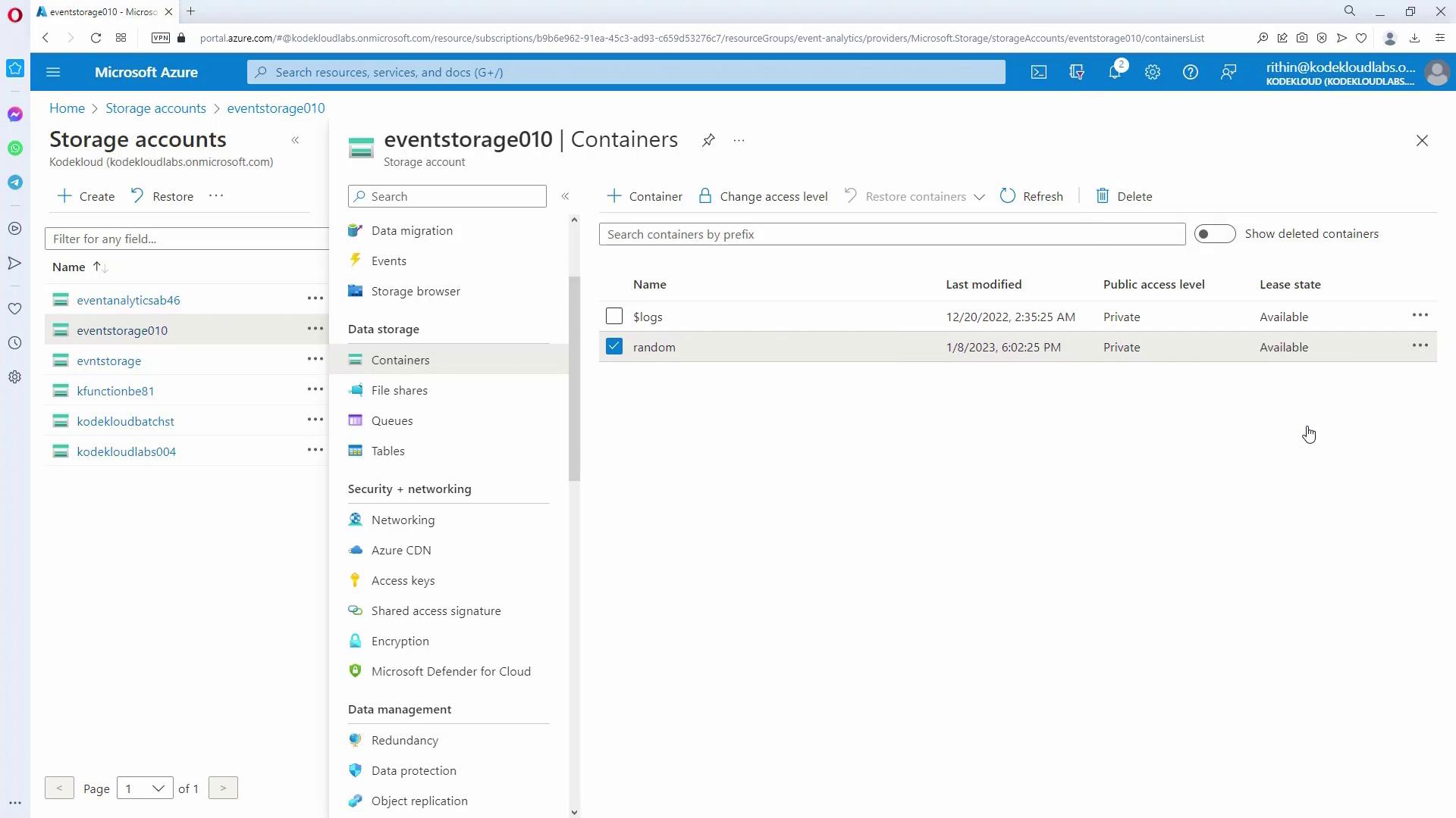 The image shows a Microsoft Azure portal interface displaying storage account details, specifically the "eventstorage010" account with its containers, "$logs" and "random," both marked as private.