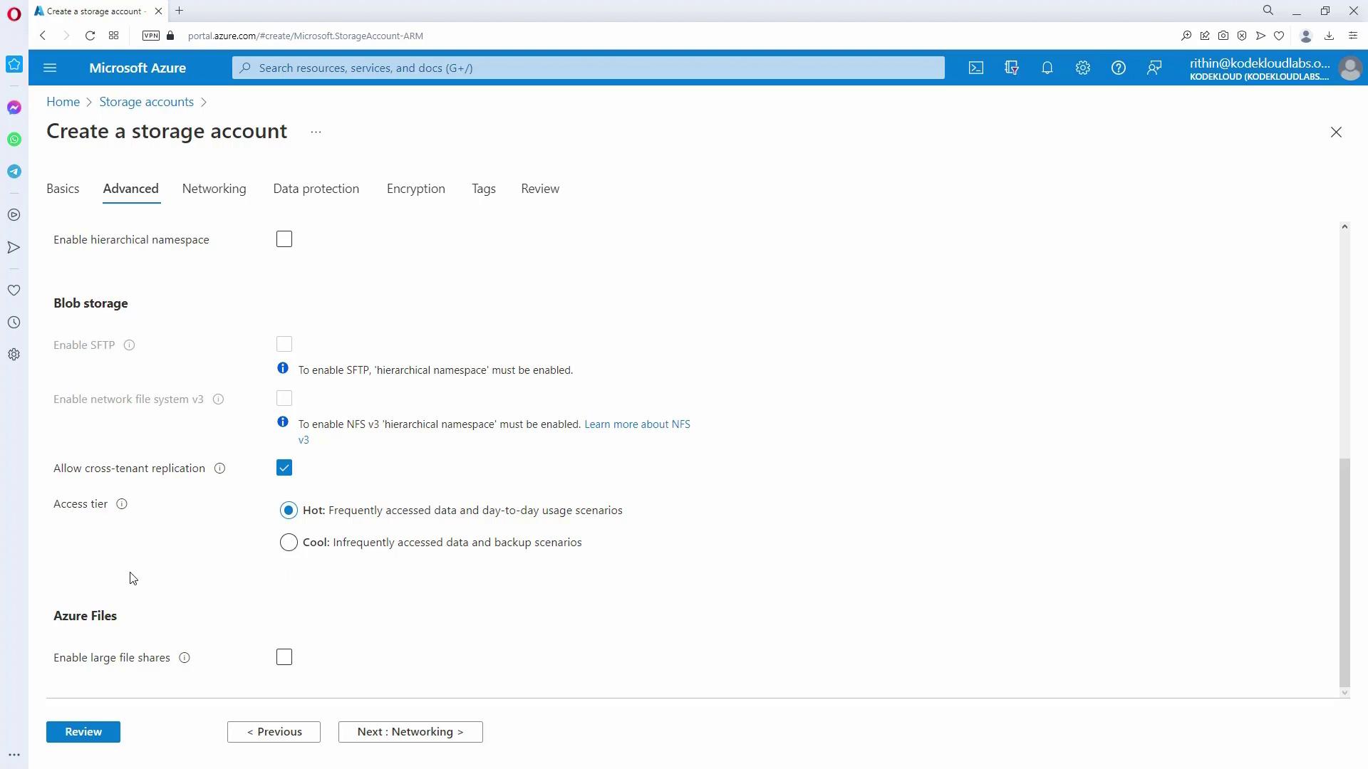 The image shows a Microsoft Azure portal interface for creating a storage account, specifically on the "Advanced" tab, with options for enabling hierarchical namespace, blob storage settings, and access tier selection.