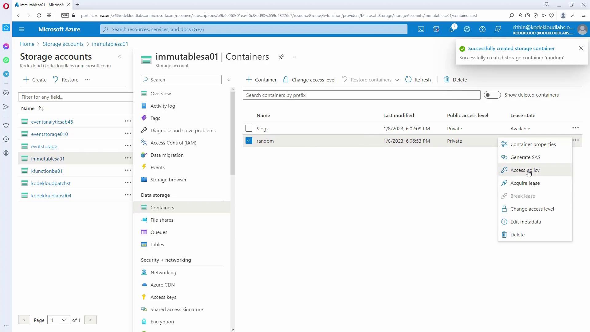 The image shows a Microsoft Azure portal interface displaying a storage account named "immutablesa01" with containers listed, including "$logs" and "random," both marked as private. A context menu is open with options like "Access policy" and "Generate SAS."