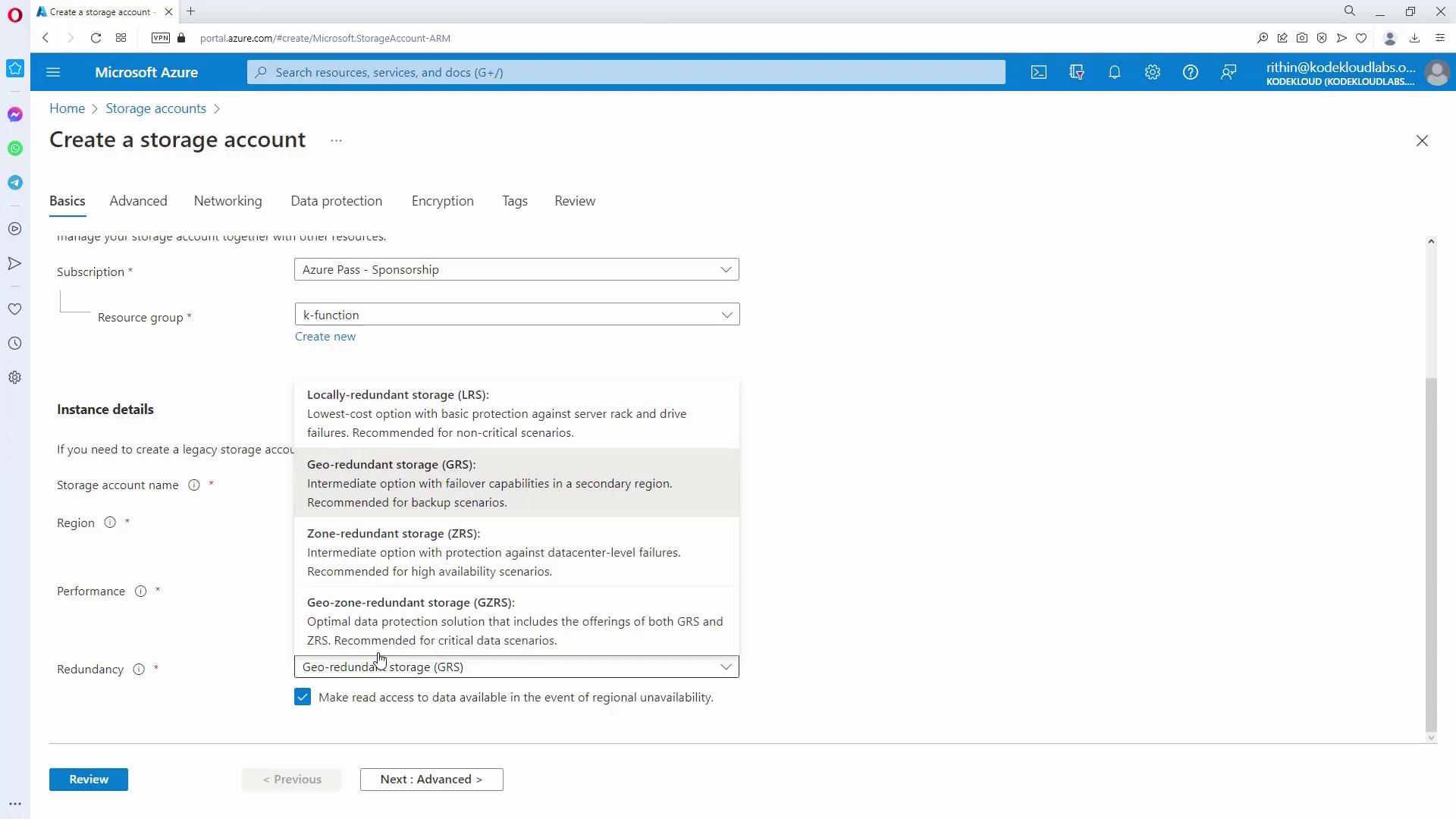 The image shows a Microsoft Azure portal interface for creating a storage account, with options for selecting subscription, resource group, and redundancy settings. Various redundancy options like Locally-redundant storage (LRS) and Geo-redundant storage (GRS) are displayed.