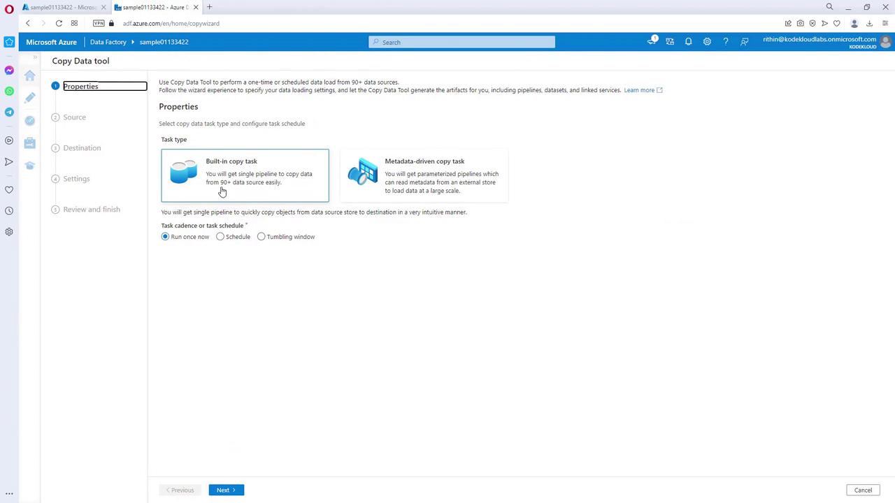 The image shows the Microsoft Azure Data Factory interface, specifically the "Copy Data Tool" section, where users can select task types and configure task schedules for data copying.