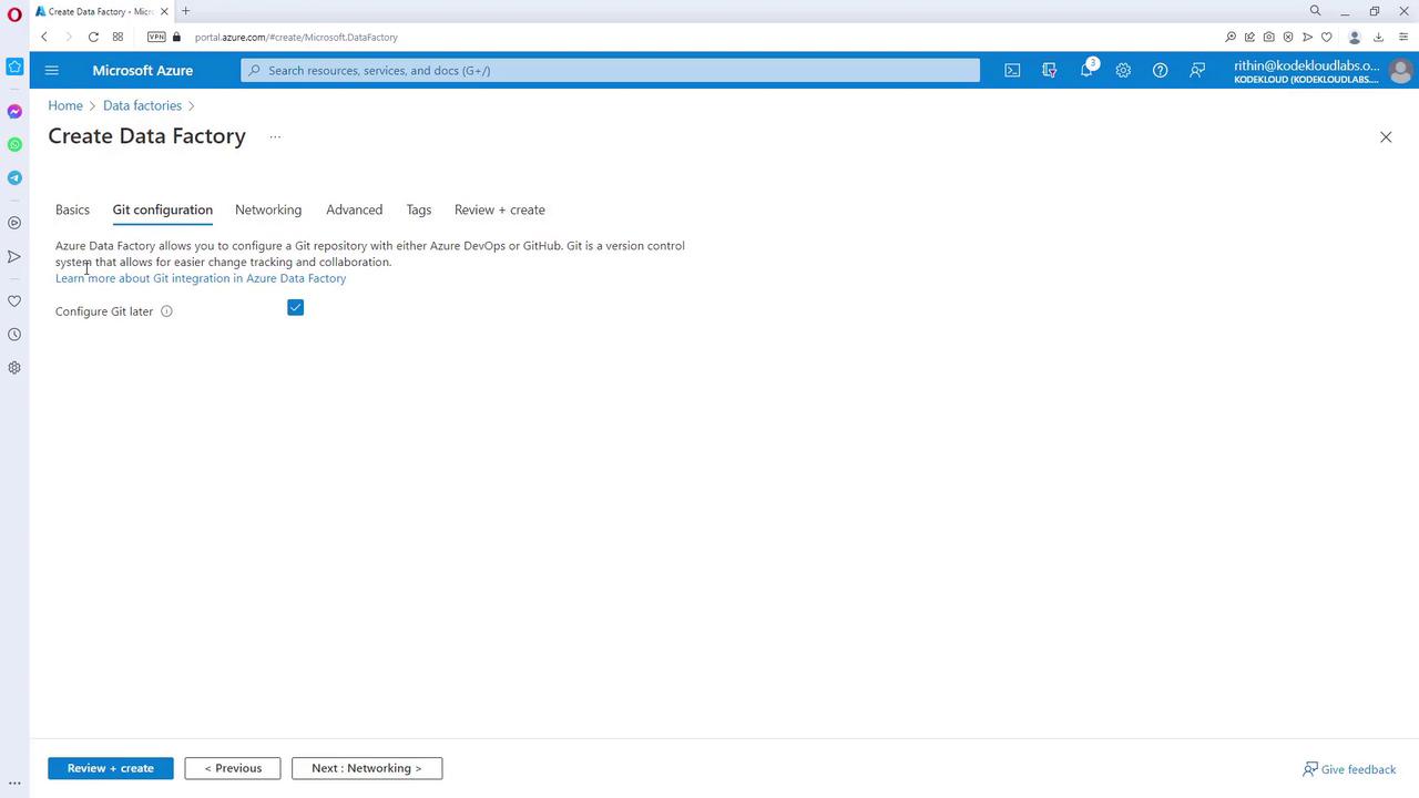 The image shows a Microsoft Azure portal page for creating a Data Factory, specifically on the "Git configuration" tab, with options to configure a Git repository.
