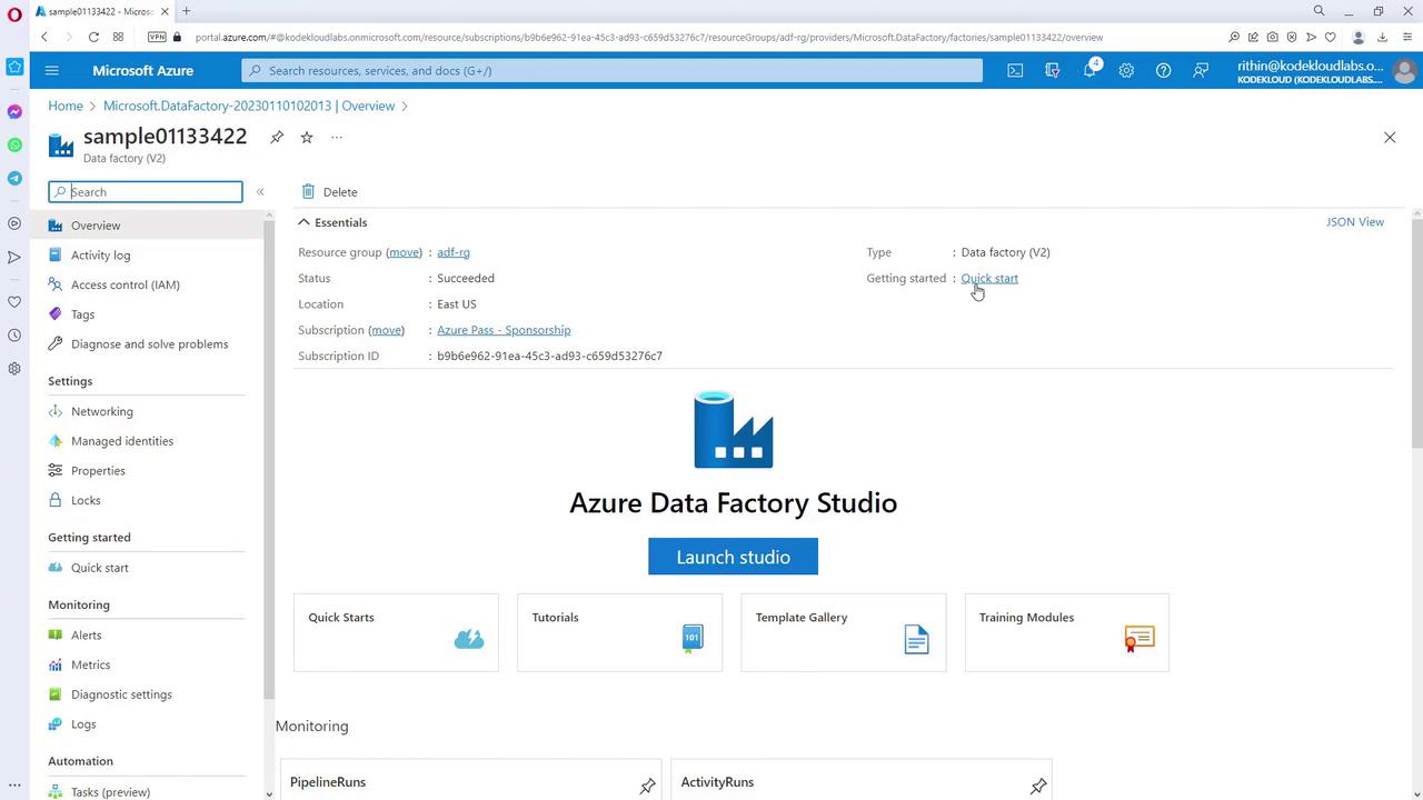 The image shows the Azure Data Factory Studio interface, displaying an overview of a data factory with options to launch the studio, access tutorials, and view monitoring details.