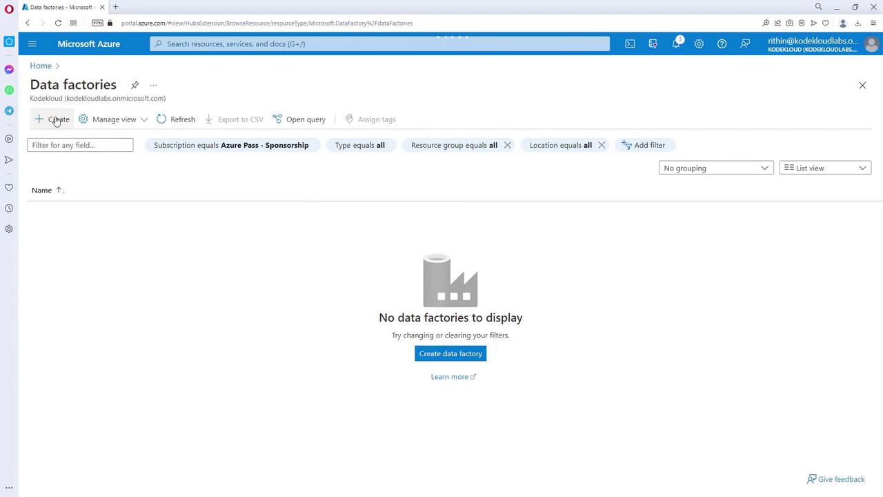 The image shows a Microsoft Azure portal page for "Data factories," indicating that there are no data factories to display. There is an option to create a new data factory.