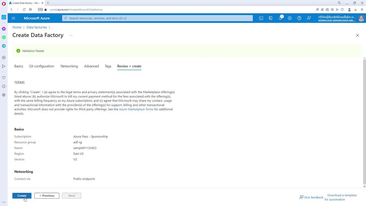 The image shows a Microsoft Azure portal page for creating a Data Factory, with options to review and create the setup. The user is on the "Review + create" tab, and a "Create" button is highlighted.