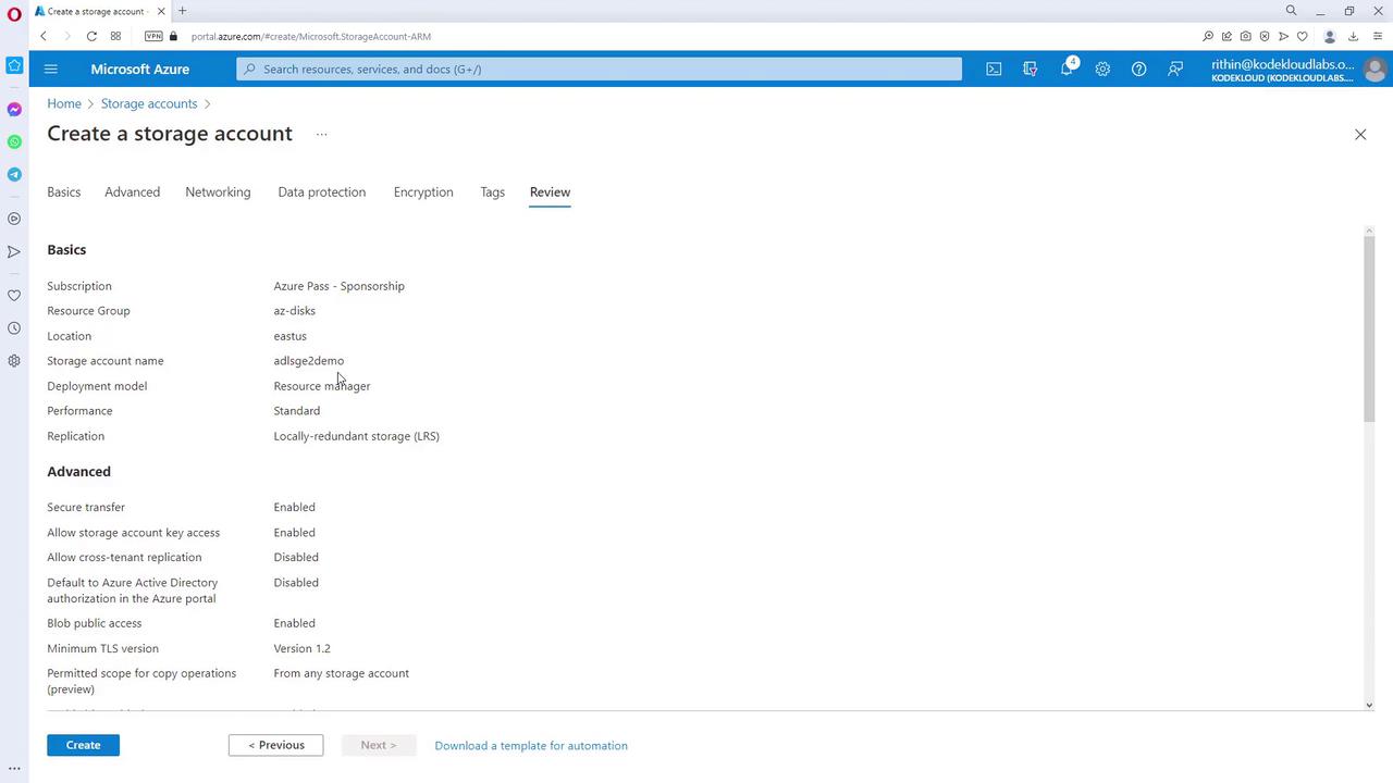 The image shows a Microsoft Azure portal page for creating a storage account, displaying various configuration options under the "Review" tab. It includes sections for basics and advanced settings, with options like subscription, resource group, location, and replication.