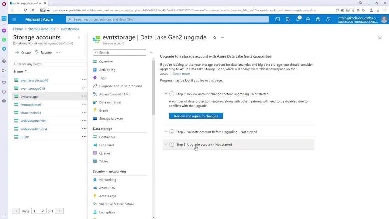 The image shows a Microsoft Azure portal interface for upgrading a storage account to Azure Data Lake Gen2 capabilities. It includes steps for reviewing, validating, and upgrading the account, all marked as "Not started."