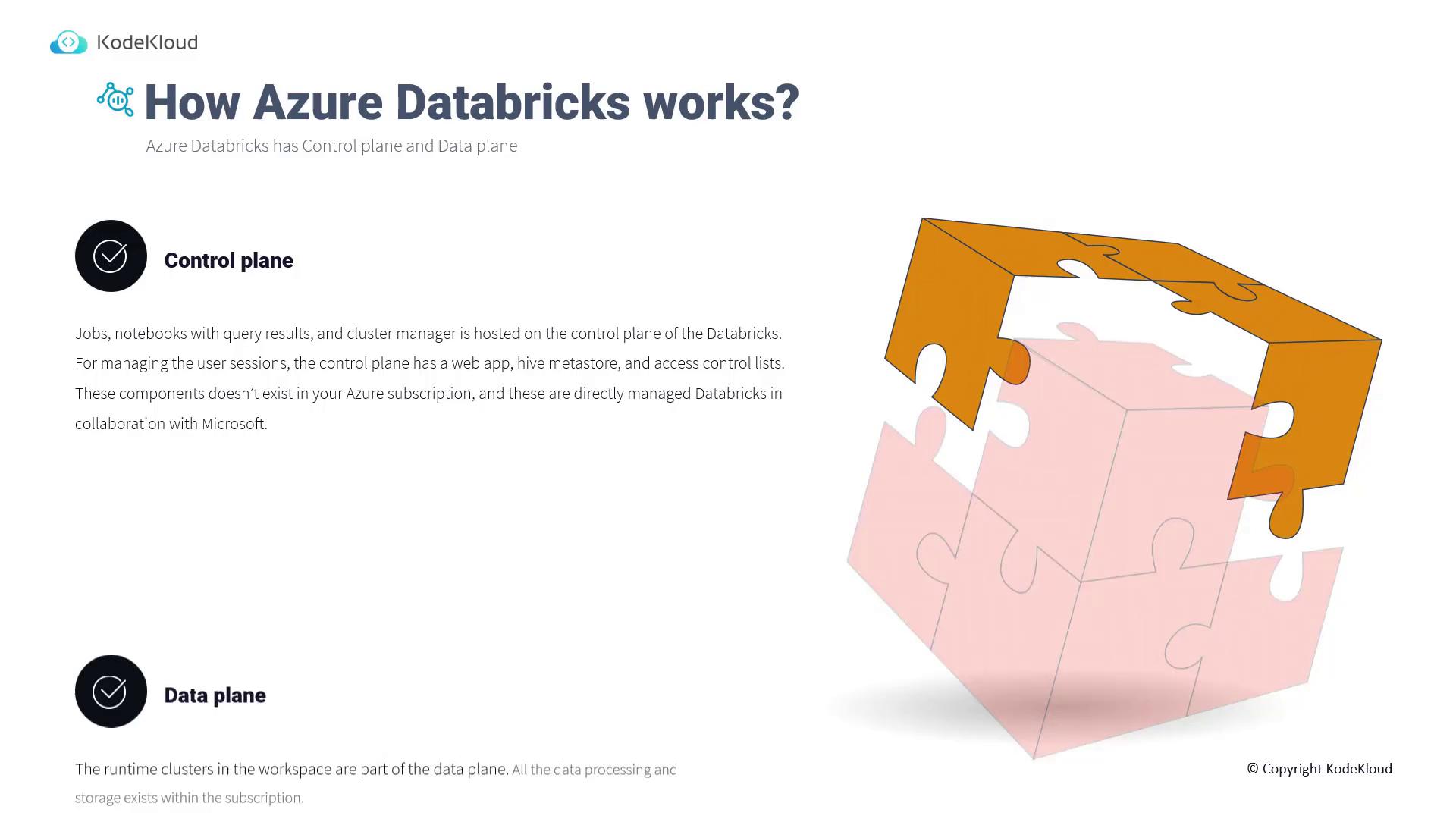 The image explains how Azure Databricks works, highlighting the control plane and data plane, with a puzzle cube illustration.