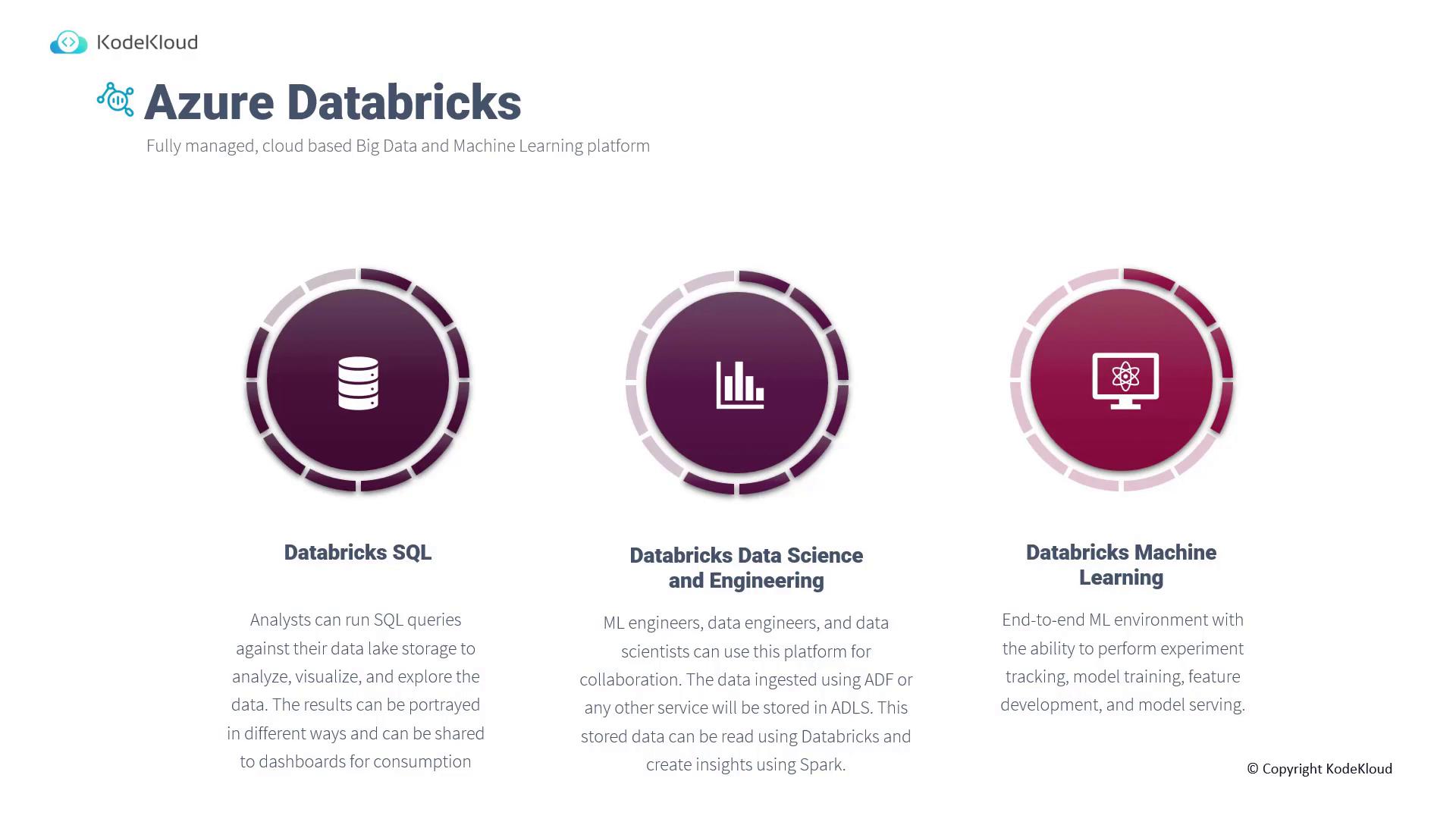 The image is an infographic about Azure Databricks, highlighting its features: Databricks SQL, Databricks Data Science and Engineering, and Databricks Machine Learning.
