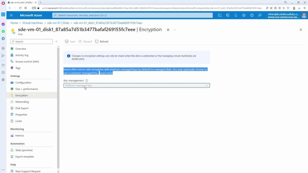 The image shows a Microsoft Azure portal page focused on the encryption settings for a virtual machine disk. It includes options for key management, with a dropdown menu for selecting a platform-managed key.