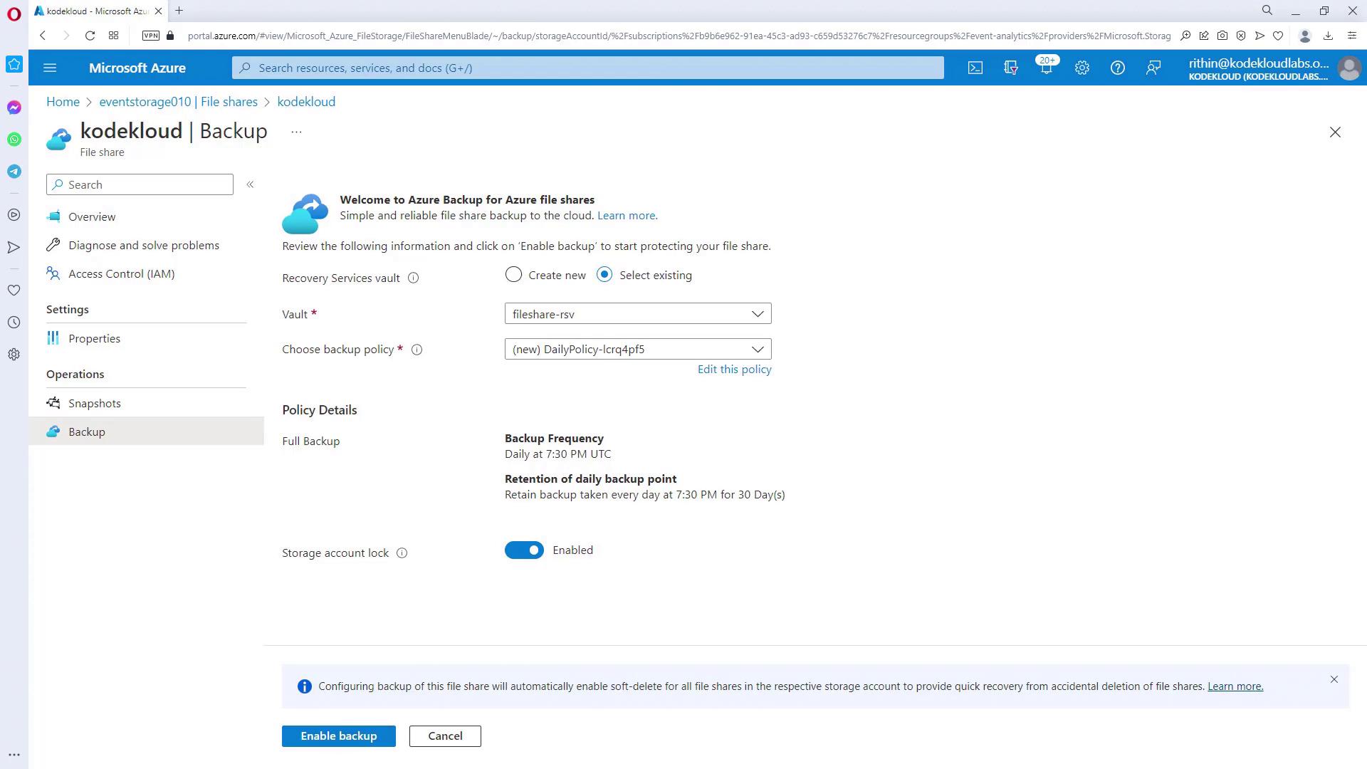 The image shows a Microsoft Azure interface for setting up a backup for file shares, with options to select a recovery services vault and backup policy. The backup frequency is set to daily at 7:30 PM UTC, with a retention period of 30 days.