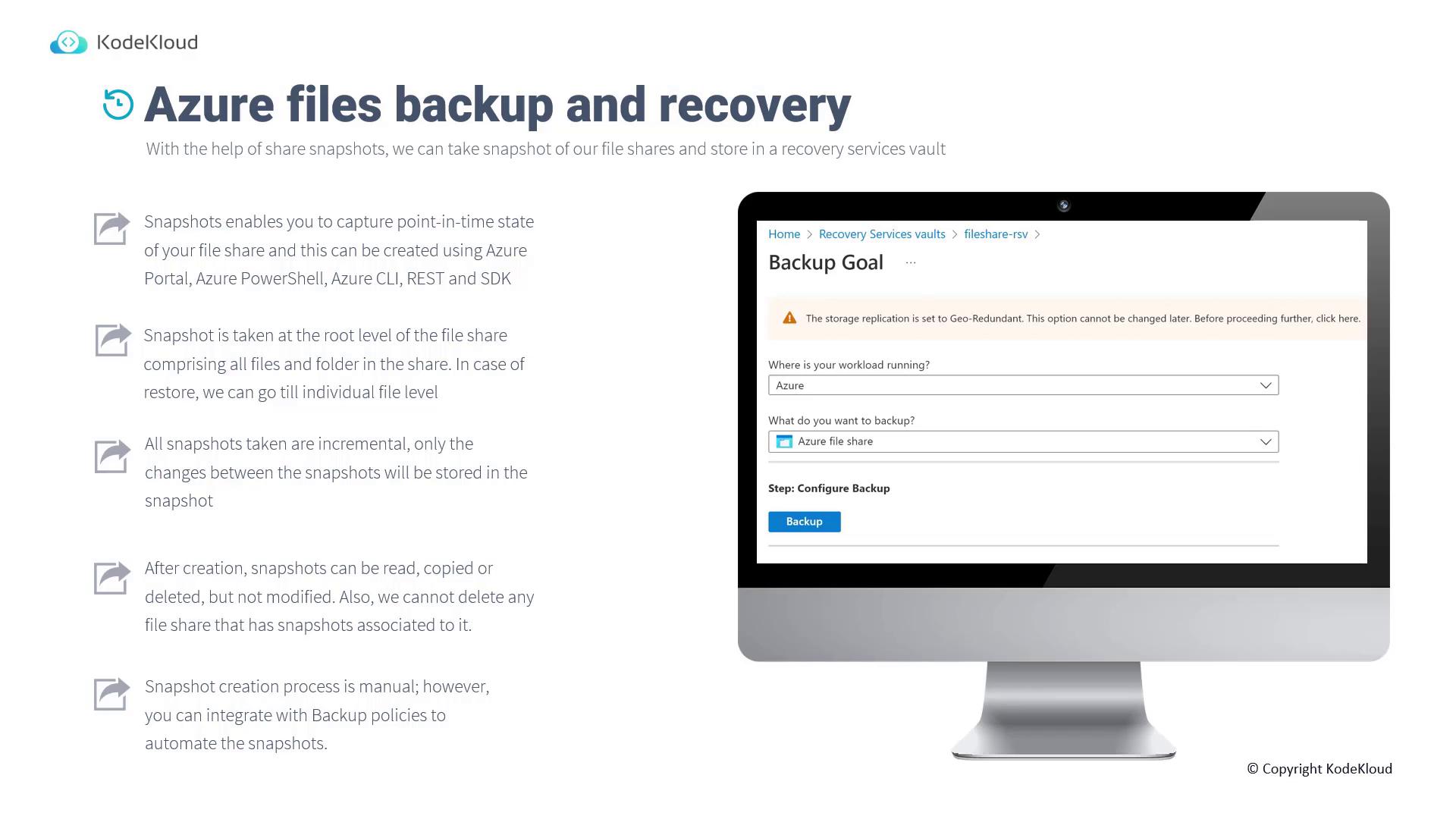 The image is an informational graphic about Azure files backup and recovery, explaining the use of share snapshots and their features. It includes a screenshot of a backup configuration interface on a computer monitor.