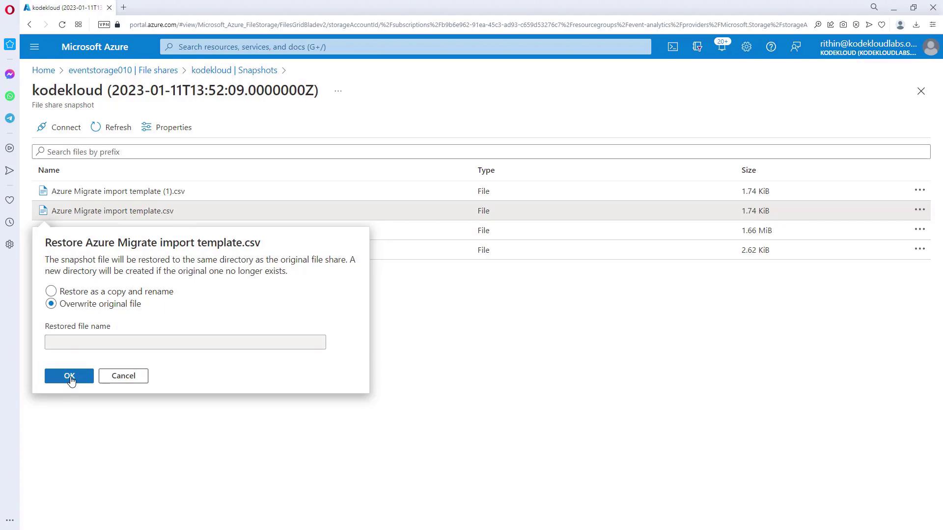 The image shows a Microsoft Azure portal interface with a file share snapshot named "kodekloud" and a dialog box for restoring a CSV file, offering options to restore as a copy or overwrite the original file.