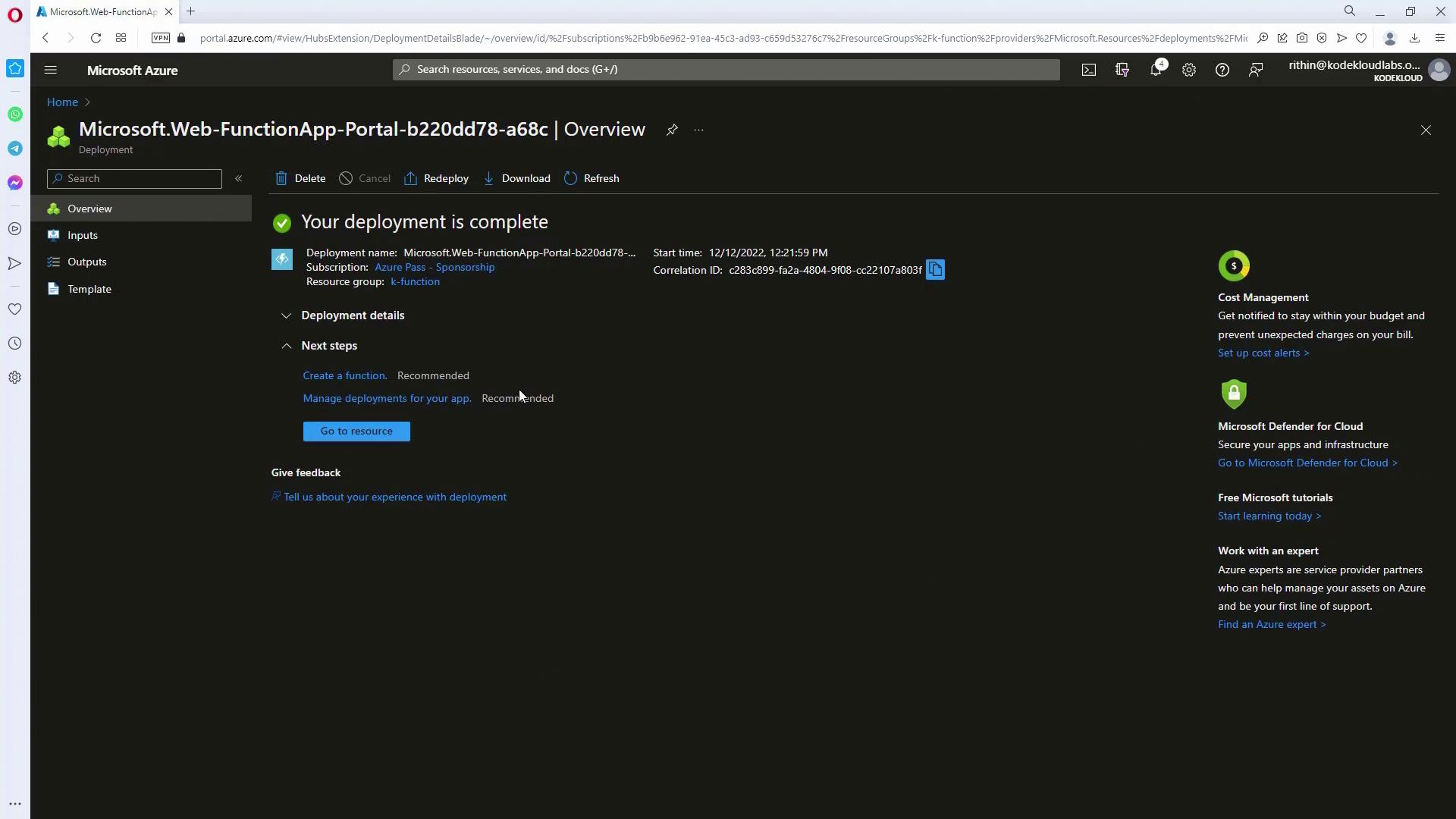 The image shows a Microsoft Azure portal screen indicating that a deployment is complete, with options for next steps and feedback.