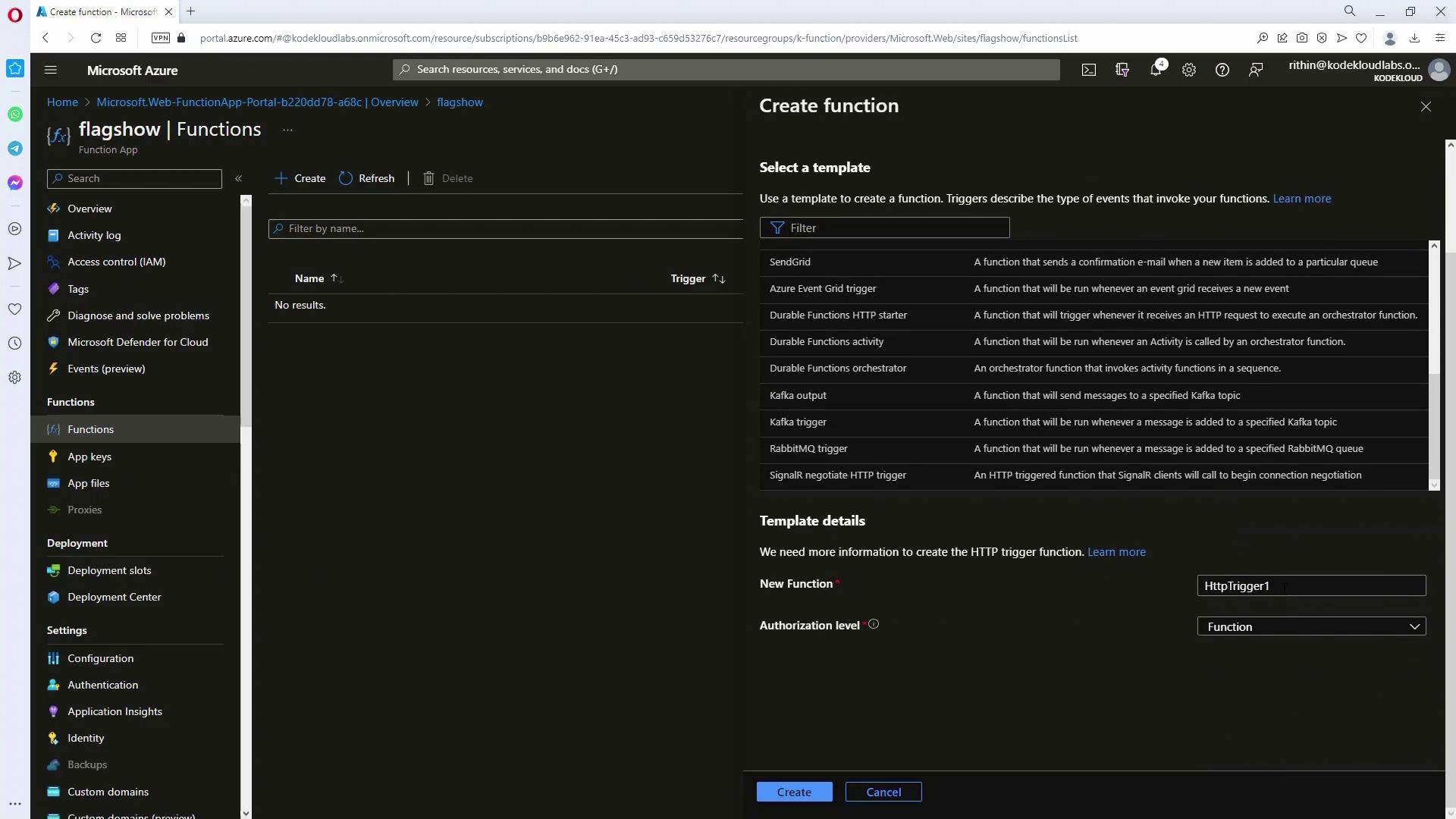 The image shows the Microsoft Azure portal interface for creating a function within a Function App. It displays options for selecting a template and configuring function details.