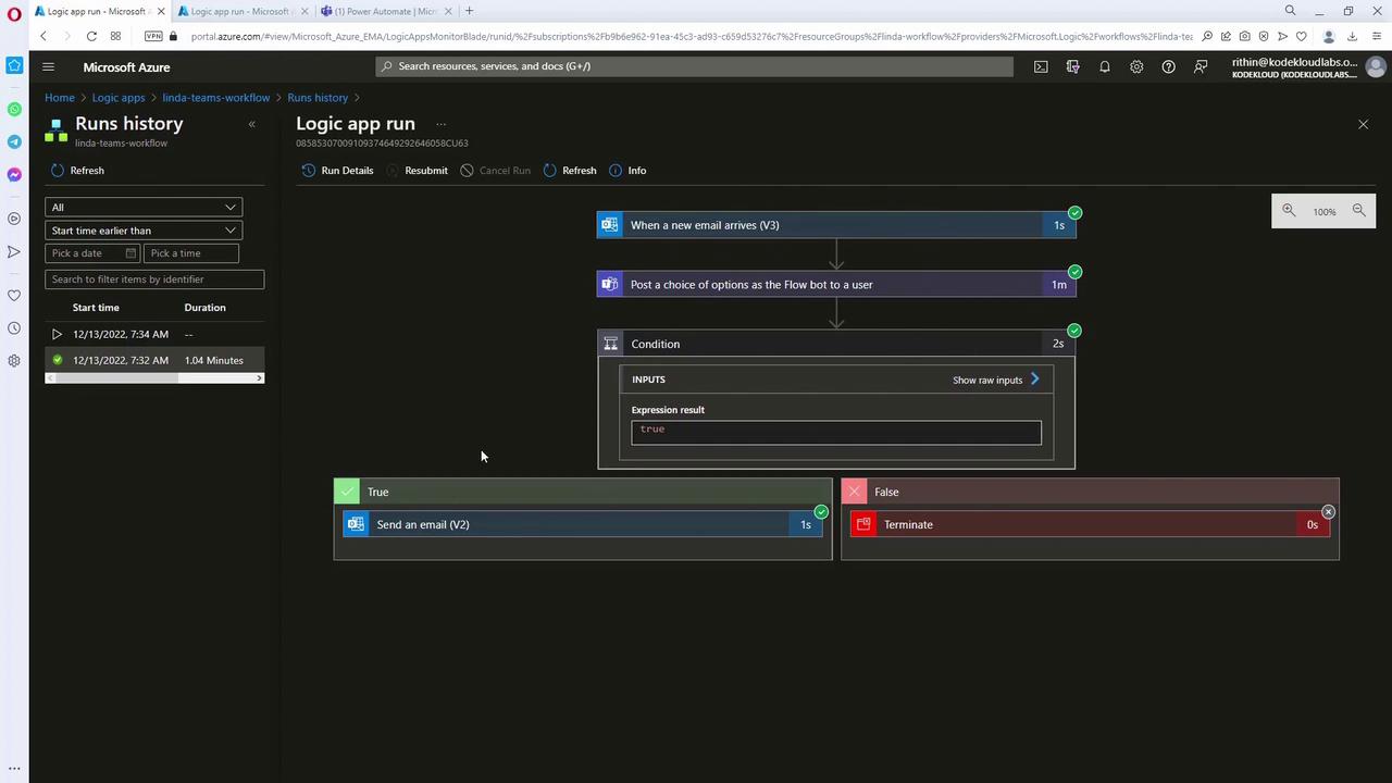 The image shows a Microsoft Azure Logic App run interface, displaying a workflow with steps for handling emails, including conditions and actions like sending an email or terminating the process.