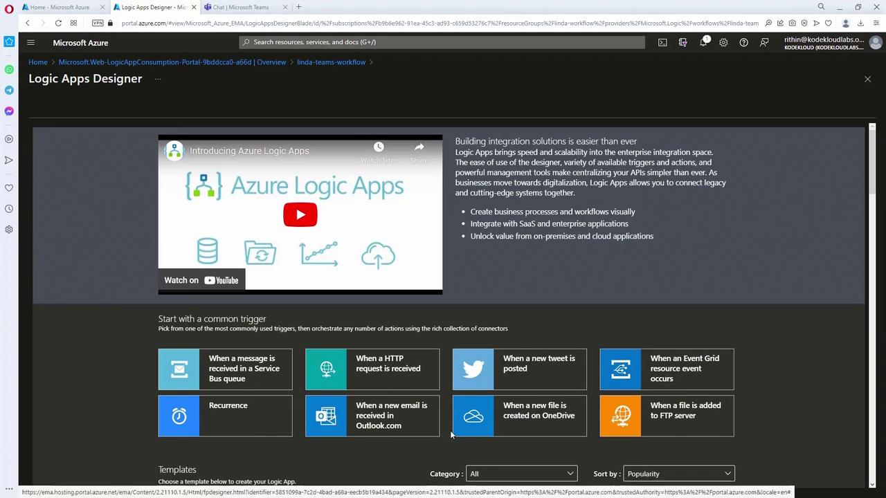 The image shows the Microsoft Azure Logic Apps Designer interface, featuring a video introduction and options to start with common triggers for creating workflows.