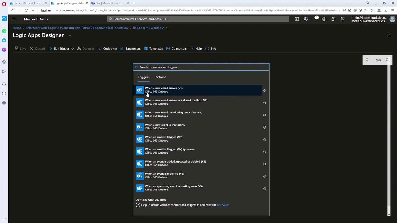 The image shows the Microsoft Azure Logic Apps Designer interface, displaying a list of triggers related to Office 365 Outlook, such as "When a new email arrives."