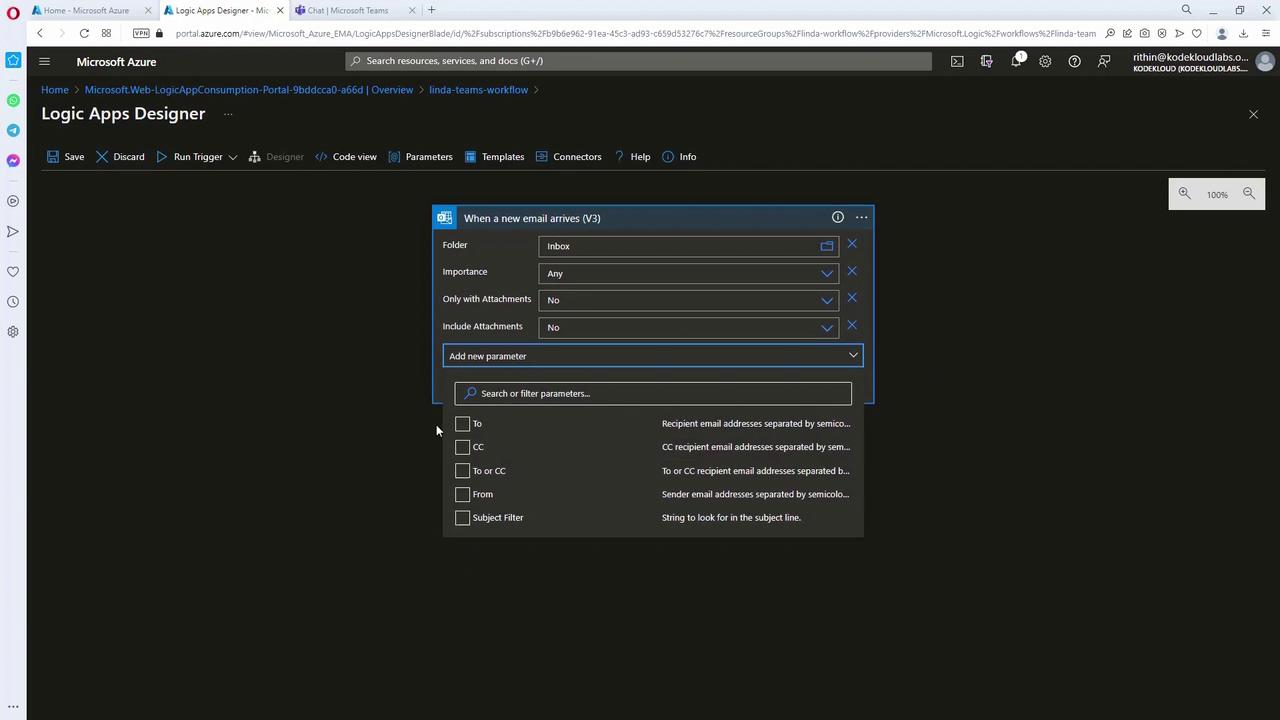 The image shows the Microsoft Azure Logic Apps Designer interface, specifically a configuration screen for setting up a trigger for when a new email arrives, with options to specify parameters like folder, importance, and attachments.