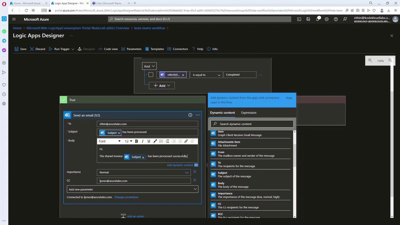 The image shows the Microsoft Azure Logic Apps Designer interface, where an email automation workflow is being configured. It includes settings for sending an email with dynamic content based on certain conditions.