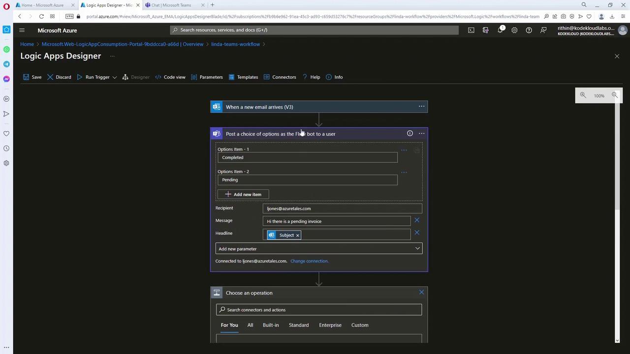 The image shows a Microsoft Azure Logic Apps Designer interface, where a workflow is being set up to trigger actions when a new email arrives, including posting options to a user via a bot.