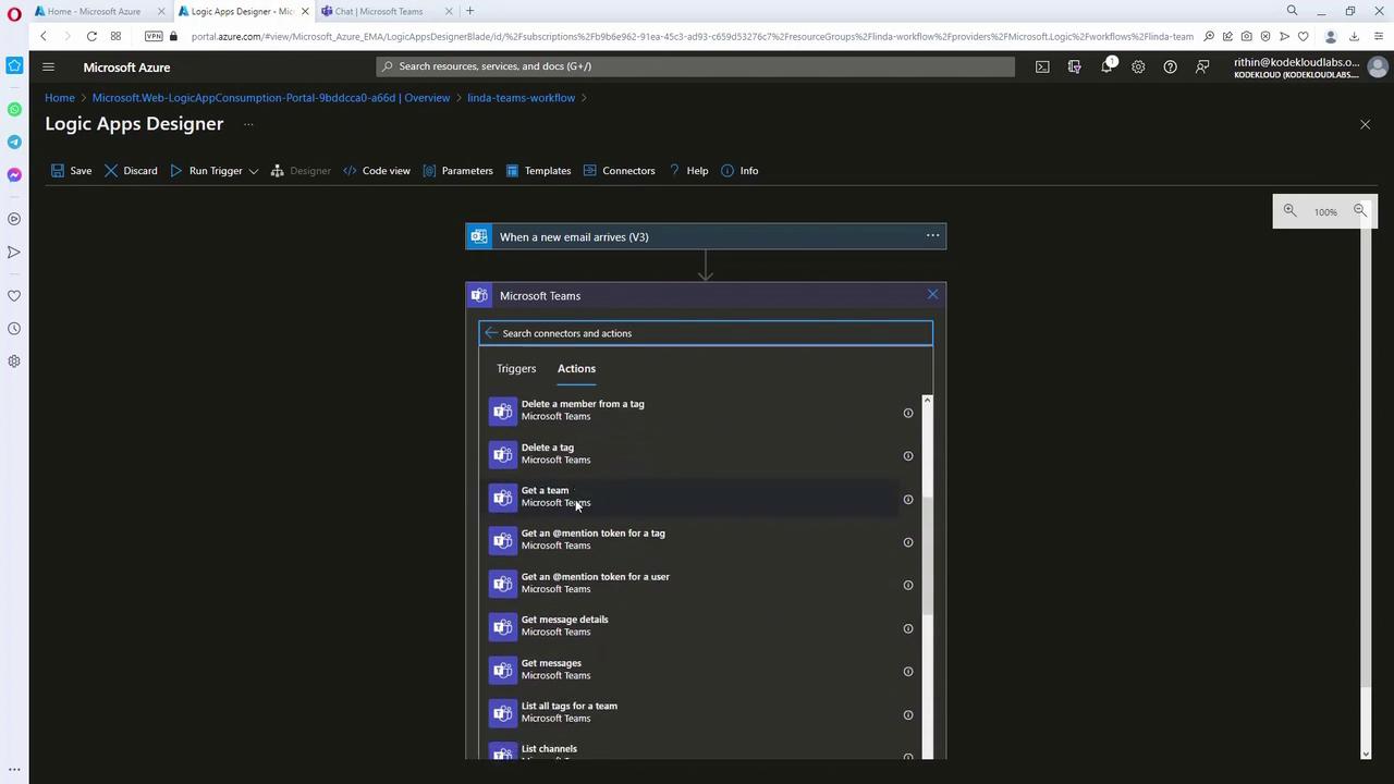 The image shows the Microsoft Azure Logic Apps Designer interface, specifically displaying options for Microsoft Teams actions and triggers.