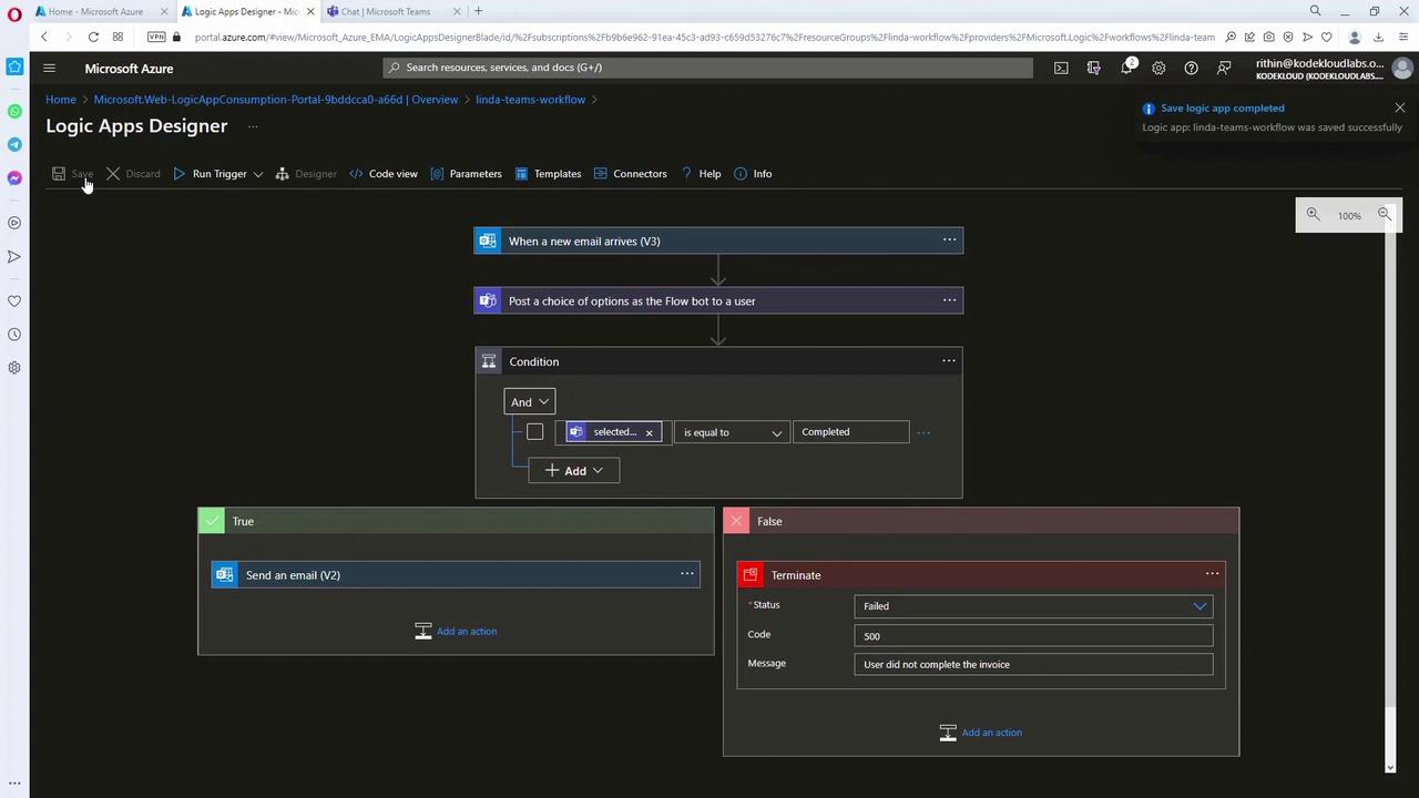 The image shows the Microsoft Azure Logic Apps Designer interface with a workflow that triggers on a new email, posts options to a user, and includes conditional logic for sending an email or terminating the process.