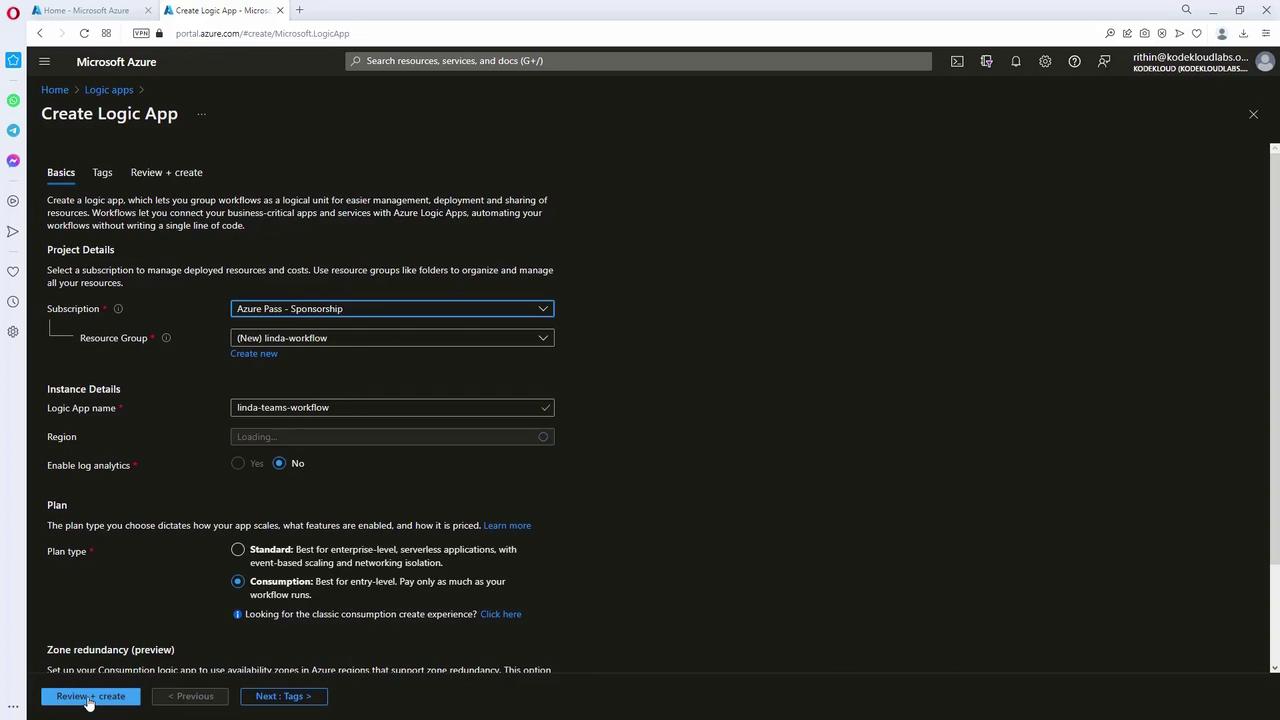 The image shows a Microsoft Azure portal interface for creating a Logic App, with fields for project and instance details, and options for plan type and zone redundancy.