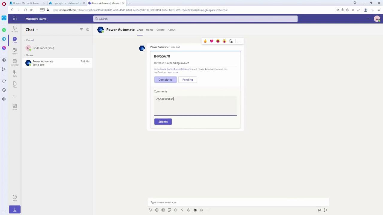 The image shows a Microsoft Teams chat window with a Power Automate card displaying a pending invoice notification. There are options to mark the invoice as "Completed" or "Pending," and a comment section with a submit button.