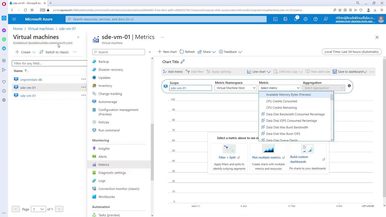 The image shows the Microsoft Azure portal displaying metrics for a virtual machine named "sde-vm-01." It includes options for selecting different metrics and aggregations to monitor the virtual machine's performance.