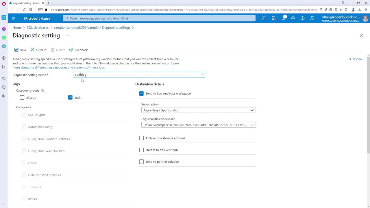 The image shows a Microsoft Azure portal page for configuring diagnostic settings for a SQL database, with options to select log categories and destination details for log analytics.