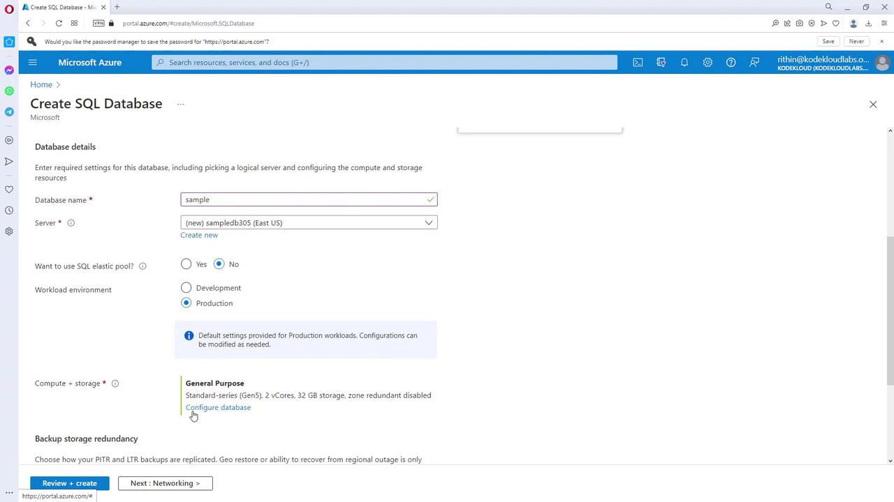 The image shows a Microsoft Azure portal page for creating a SQL database, with options to configure database details such as name, server, and workload environment.