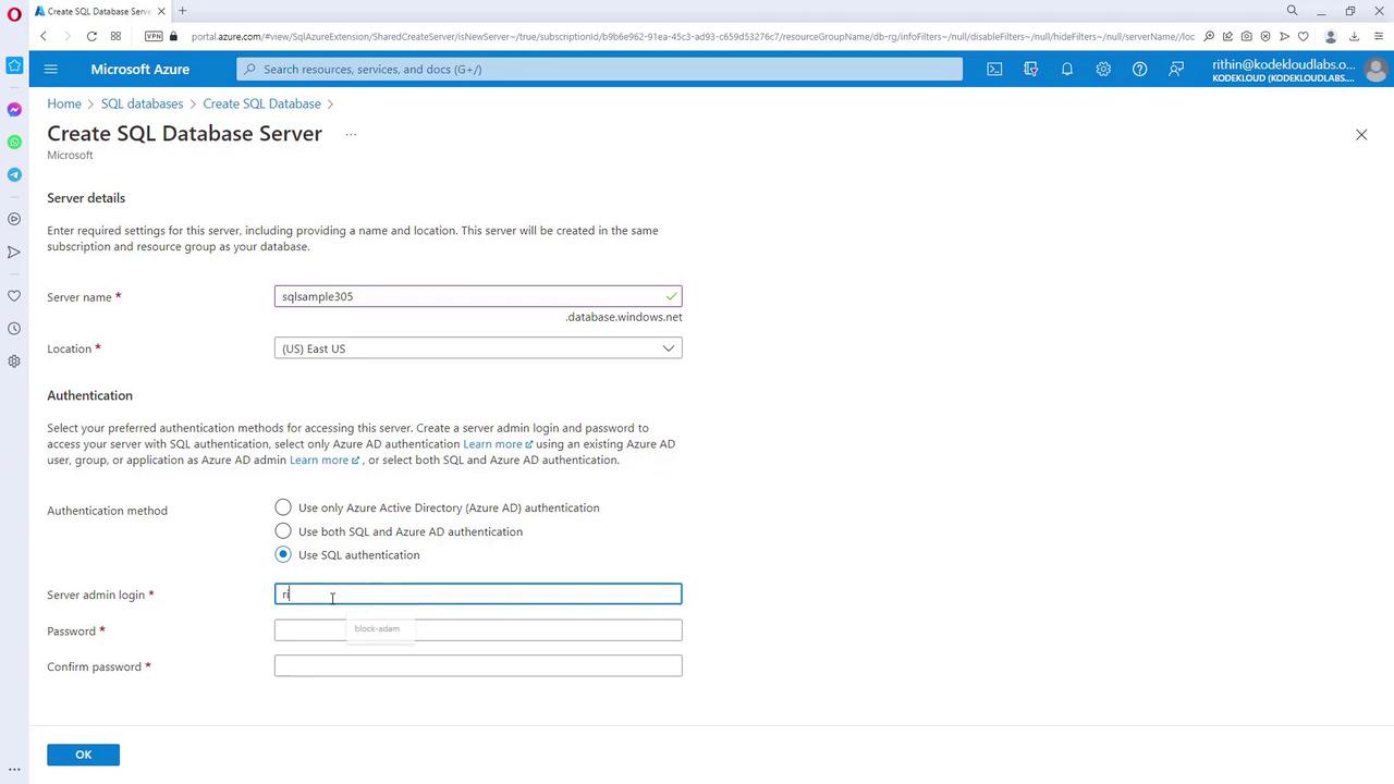The image shows a Microsoft Azure portal page for creating an SQL Database Server, with fields for server details and authentication settings.