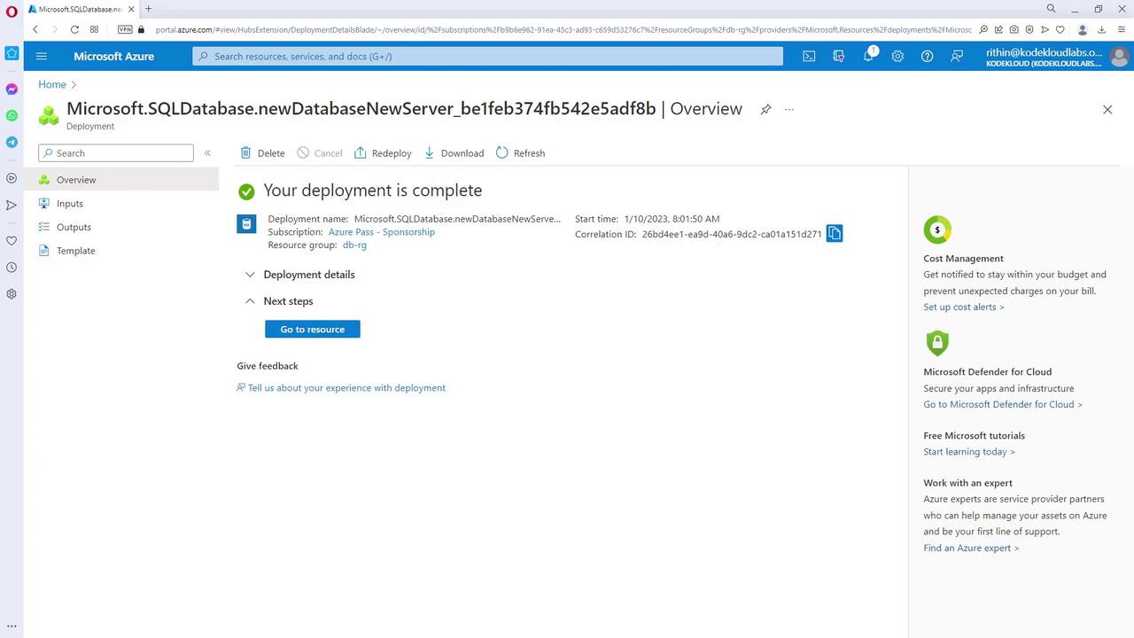 The image shows a Microsoft Azure portal page indicating that a SQL database deployment is complete, with options to view deployment details and next steps.