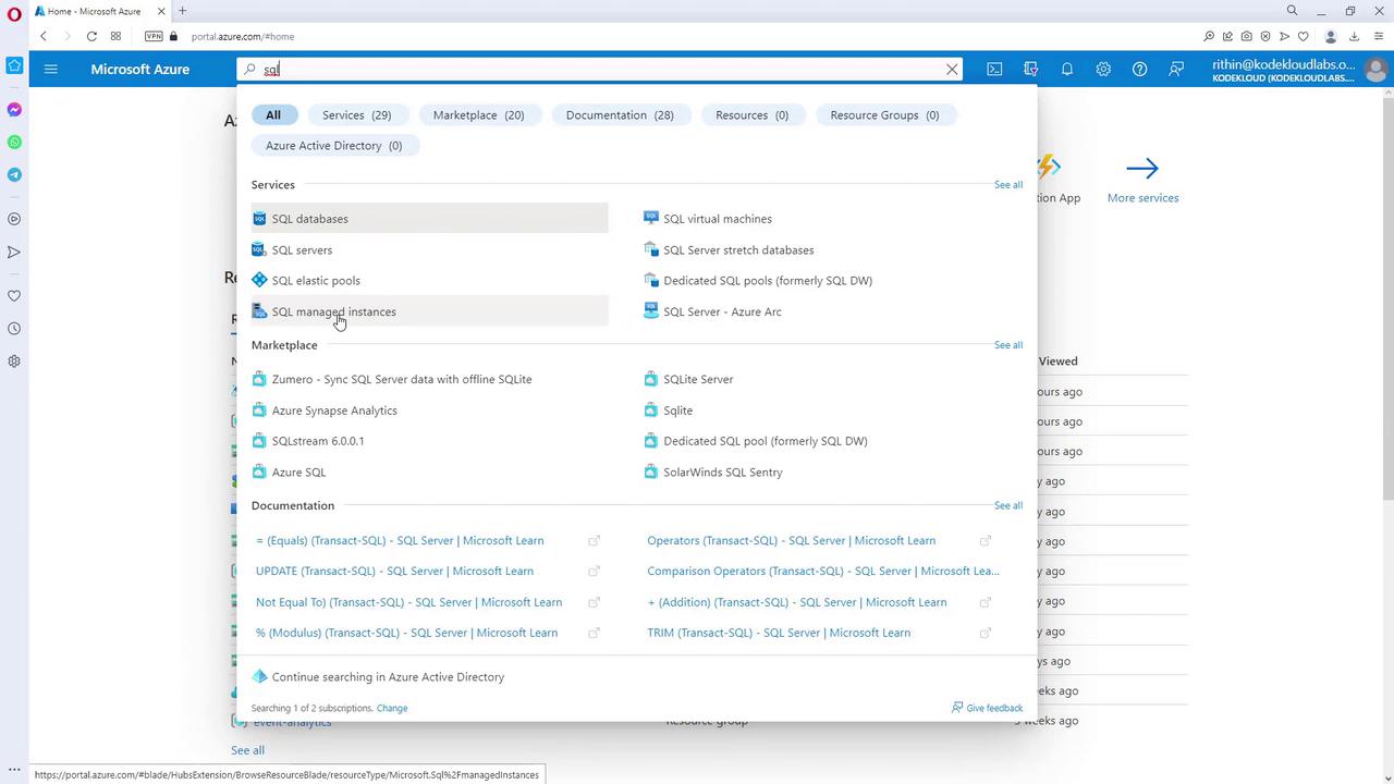The image shows the Microsoft Azure portal with a search for "SQL," displaying various SQL-related services, marketplace options, and documentation. The user interface includes options like SQL databases, SQL servers, and SQL managed instances.