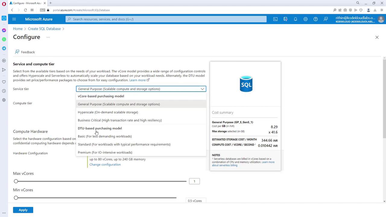 The image shows a configuration page for creating an SQL database on Microsoft Azure, where users can select service and compute tiers, and view cost estimates.