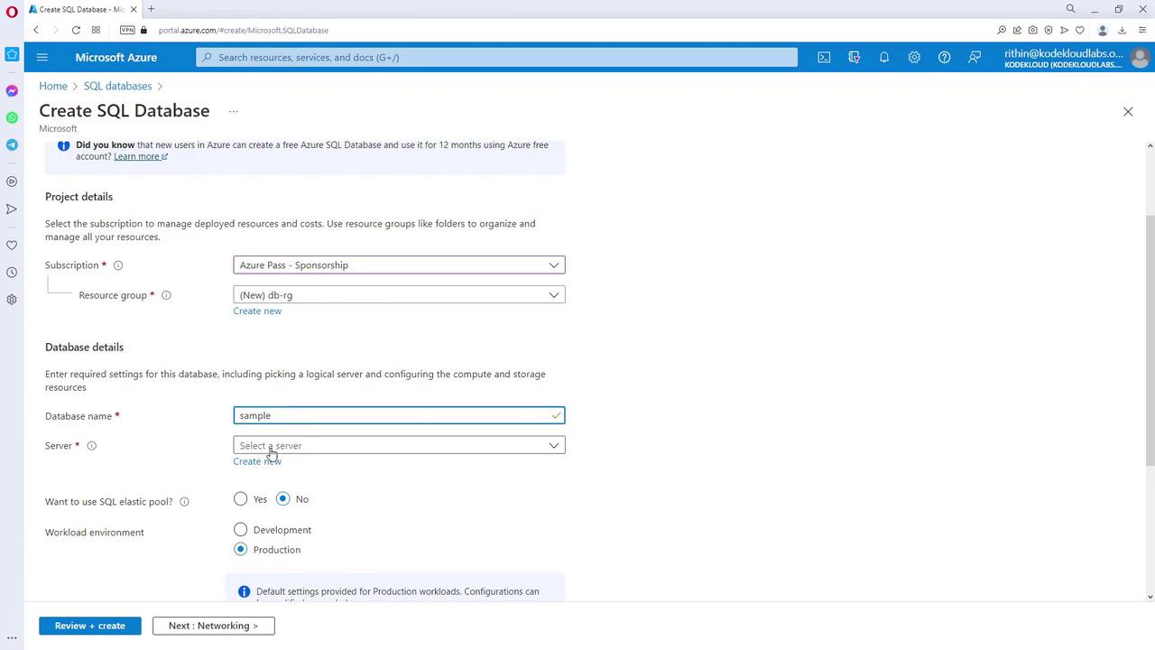 The image shows a Microsoft Azure portal page for creating a SQL database, with fields for project and database details such as subscription, resource group, database name, and server selection.