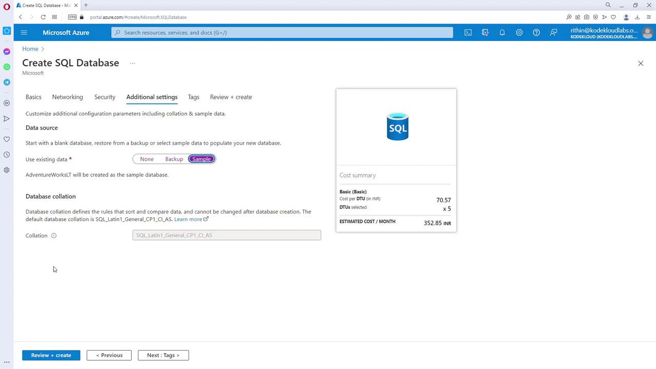 The image shows a Microsoft Azure interface for creating an SQL database, with options for data source and collation settings, and a cost summary on the right.