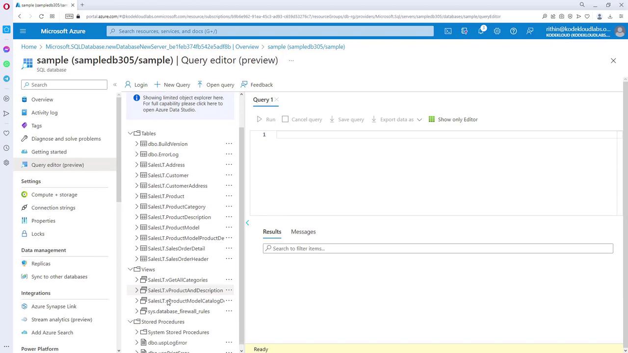 The image shows the Microsoft Azure SQL Database Query Editor interface, displaying a list of tables and views on the left and a query input area on the right.