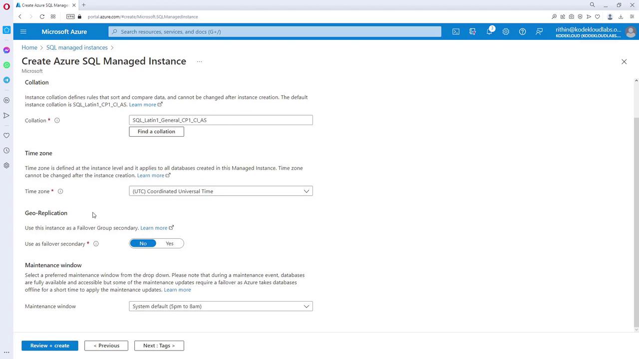 The image shows a Microsoft Azure portal page for creating an Azure SQL Managed Instance, with options for setting collation, time zone, geo-replication, and maintenance window.