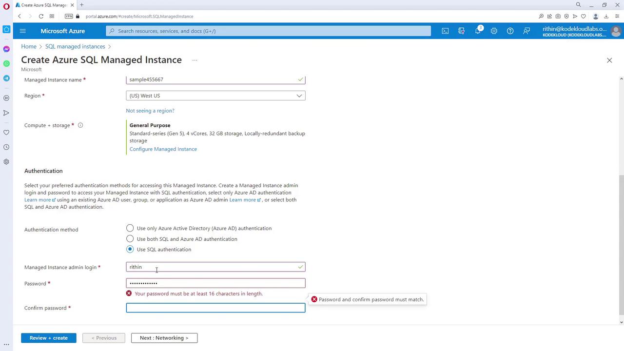 The image shows a Microsoft Azure portal interface for creating an Azure SQL Managed Instance, with fields for instance name, region, and authentication settings. There are error messages indicating password requirements are not met.