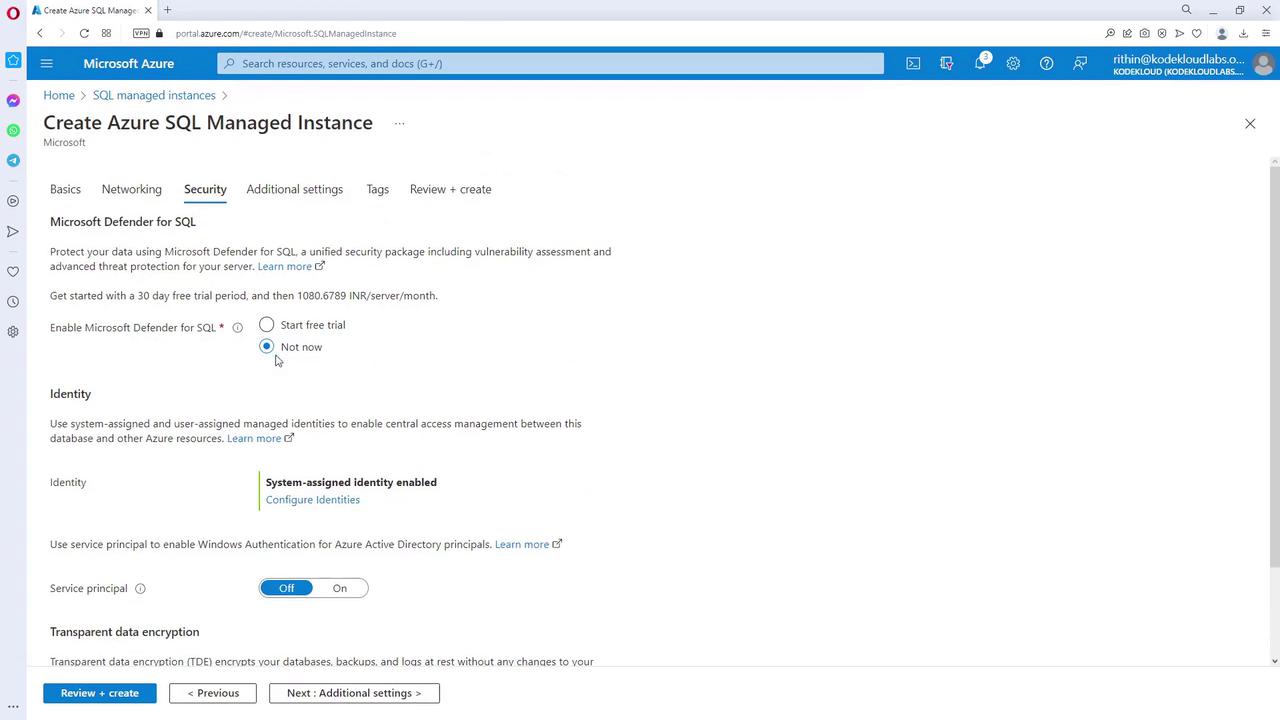 The image shows a Microsoft Azure portal page for creating an Azure SQL Managed Instance, focusing on the "Security" settings, including options for enabling Microsoft Defender for SQL and identity management.
