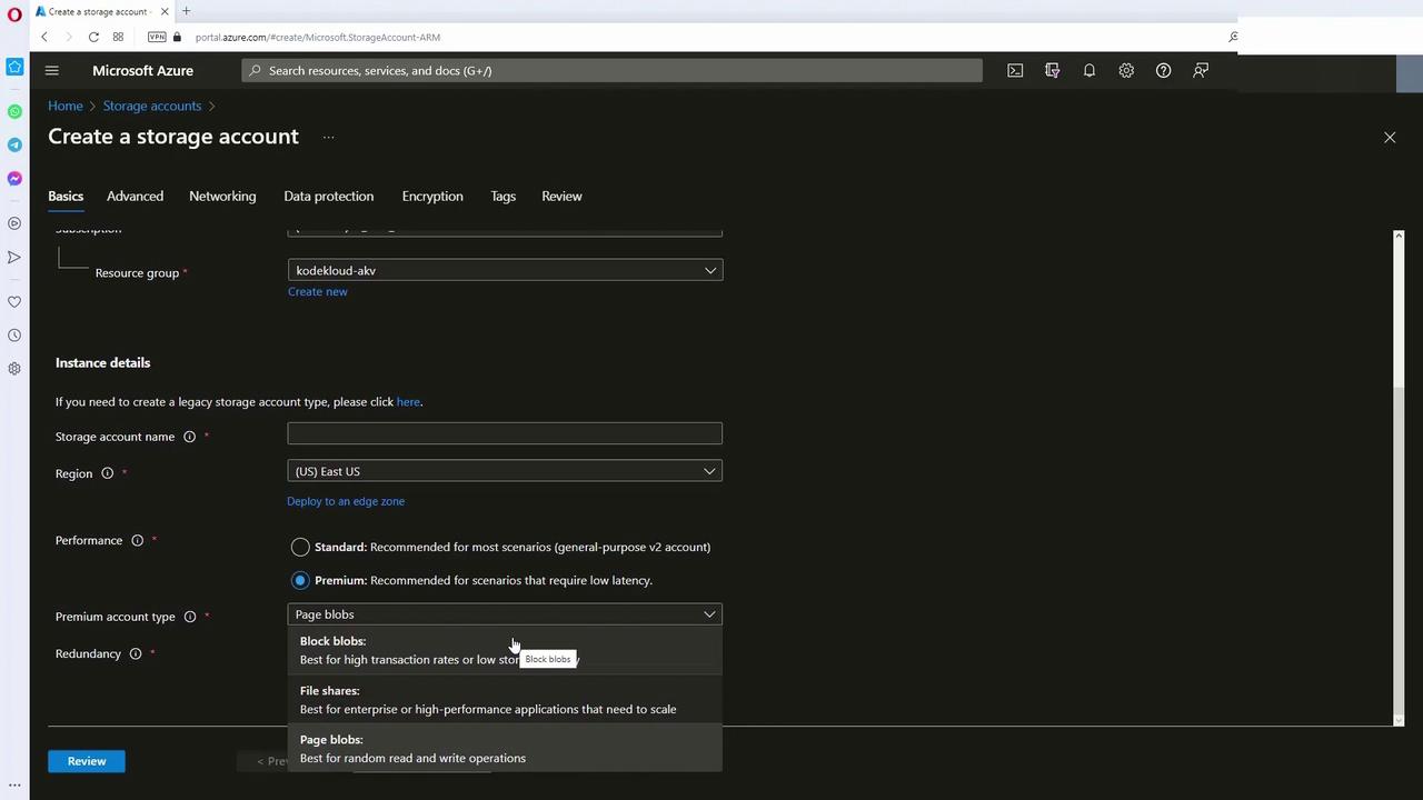 The image shows a Microsoft Azure portal interface for creating a storage account, with options for instance details such as region, performance, and redundancy. A dropdown menu is open, displaying different premium account types like block blobs and page blobs.