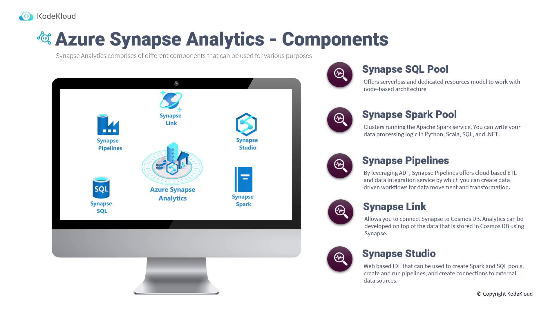 The image is an infographic from KodeKloud describing the components of Azure Synapse Analytics, including Synapse SQL Pool, Synapse Spark Pool, Synapse Pipelines, Synapse Link, and Synapse Studio. Each component is briefly explained on the right side.