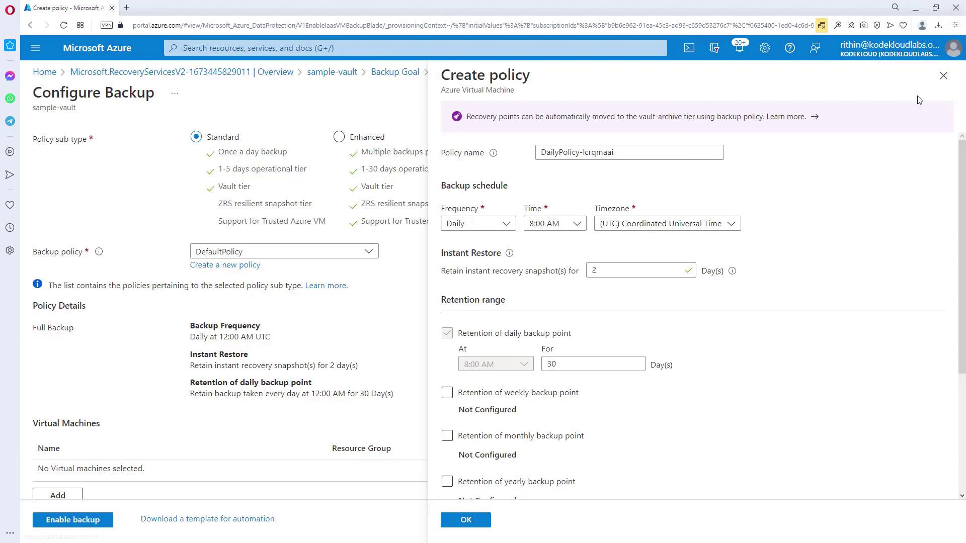 The image shows a Microsoft Azure interface for configuring a backup policy for a virtual machine. It includes options for setting the backup schedule, instant restore, and retention range.