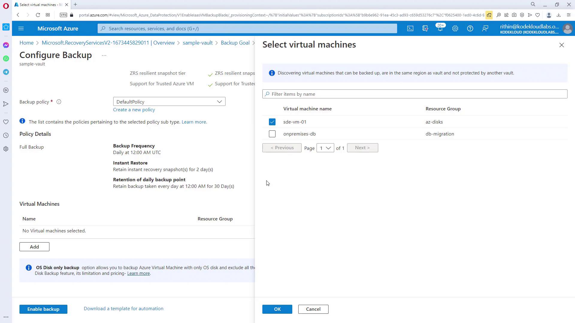 The image shows a Microsoft Azure interface for configuring backup settings, including selecting virtual machines for backup and setting backup policies.