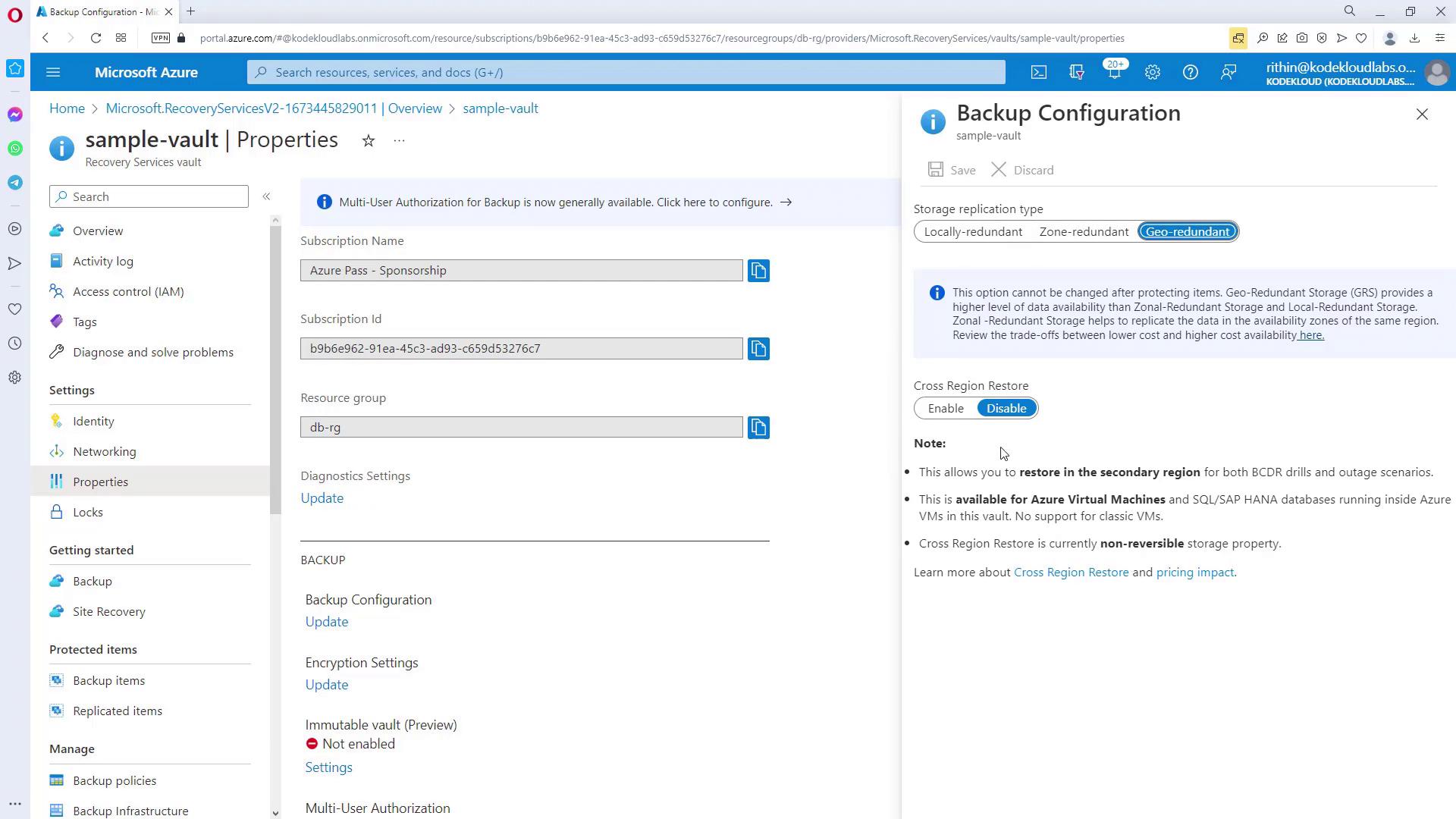 The image shows a Microsoft Azure portal interface for configuring backup settings in a recovery services vault named "sample-vault." It includes options for storage replication type and cross-region restore settings.