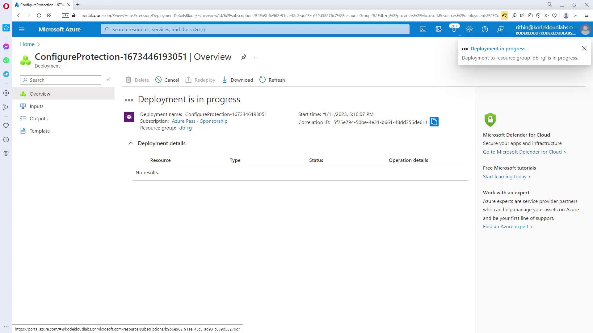 The image shows a Microsoft Azure portal page where a deployment named "ConfigureProtection" is in progress for the resource group "db-rg." The page includes deployment details and options for managing the deployment.