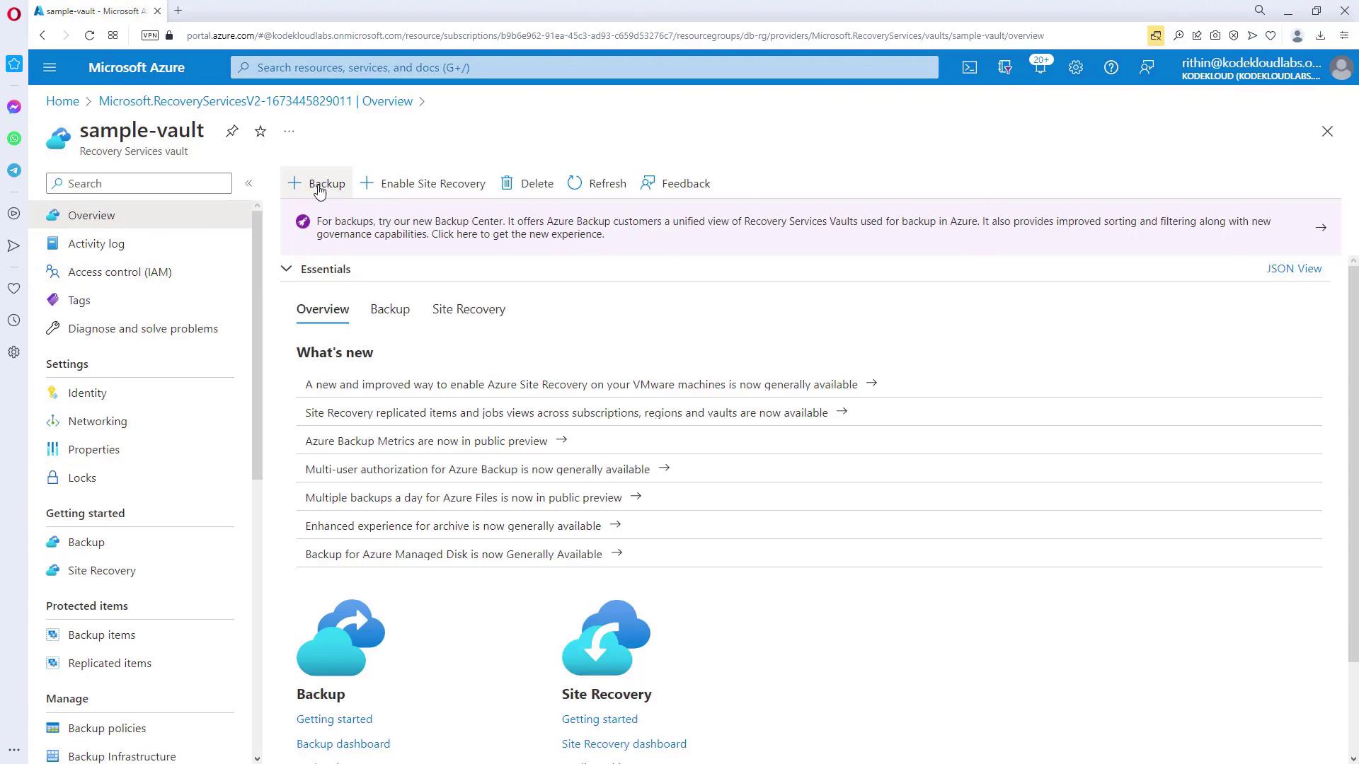 The image shows a Microsoft Azure portal interface for a Recovery Services vault named "sample-vault," displaying options for backup and site recovery, along with a list of new features and settings.